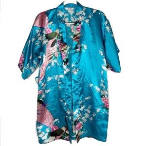 Zhong Sang 100% Satin Silky Kimono Duster Robe Open Front Floral Peacock Design